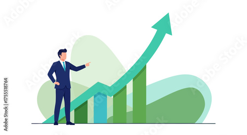 Successful Businessman Pointing At A Growing Financial Chart With Ascending Arrow