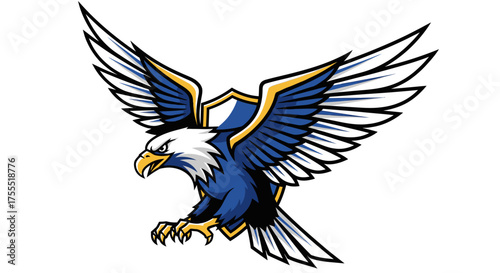 Illustration of an eagle with wings spread in front of a shield with blue and gold trim