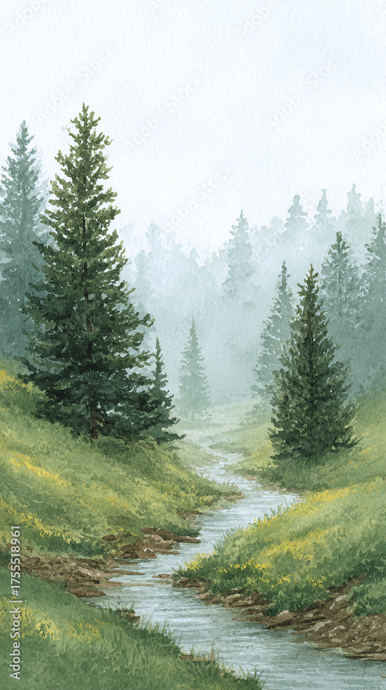 Fototapeta premium Enchanting Landscape of a Misty Forest with Gentle Stream Flowing Through a Lush Meadow Full of Whispering Pines and Tranquil Serenity