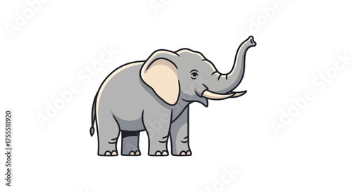 A cartoon elephant with gray skin and large ears standing on a white background with its trunk up