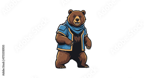 A cartoon bear standing wearing a blue and gold outfit on a white background looking forward