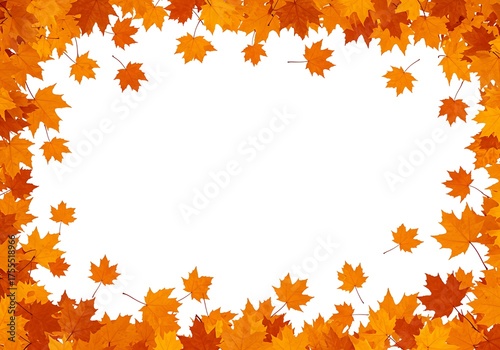 Vibrant border of falling autumn maple leaves in warm orange and yellow tones, framing a clear white center for text