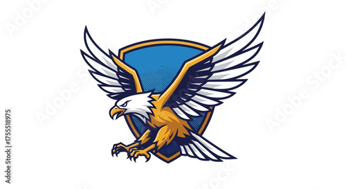Illustration of an eagle with spread wings in front of a blue and gold shield on a white background