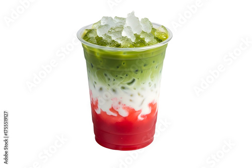 Layered strawberry matcha latte drink isolated on transparent background