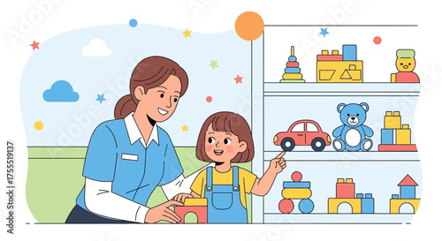 Teacher Guides Young Child in Toy Selection Demonstrating Playful Learning Environment
