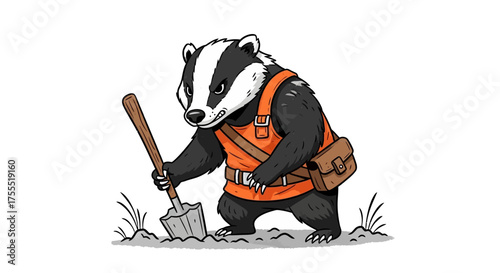 An illustration of a badger wearing an orange vest digging with a shovel on a white background