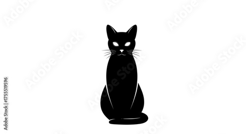 A sleek black cat sitting upright with glowing eyes against a white background design element