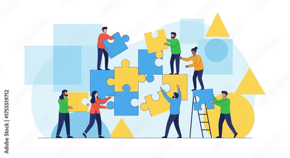 Naklejka premium Teamwork Building Puzzle Pieces Illustrating Collaboration, Connection and Unity Beautifully