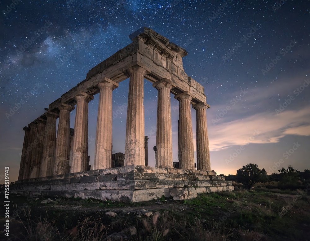 Obraz premium Ancient temple stands under a starlit sky. Grass covers the foreground, clouds rest behind the structure