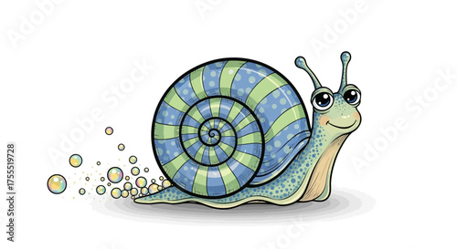 A cartoon snail with a blue and green striped shell leaving a trail of bubbles on a white background