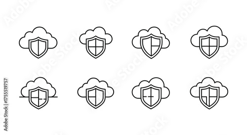 Collection of cloud security shield icons hand drawn style for data protection and network safety vector