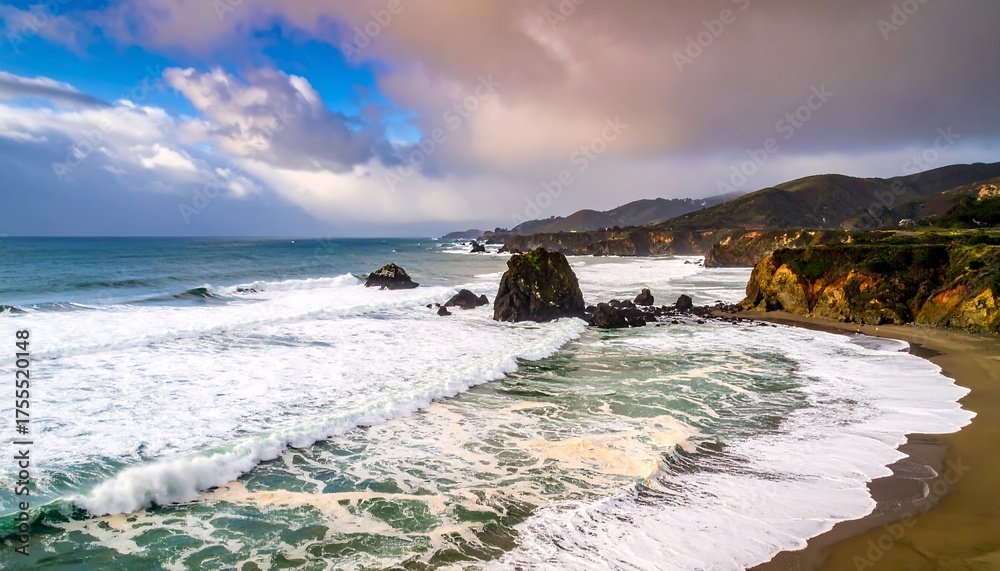Obraz premium Coastal landscape with rocky outcrops, crashing waves, a sandy beach, and hilly terrain under a dramatic sky