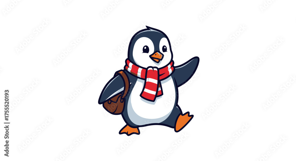 Naklejka premium A cartoon penguin wearing a red and white striped scarf and carrying a brown bag on a white background