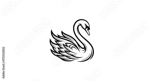 A stylized black and white illustration of a swan with detailed feathering and graceful neck curve