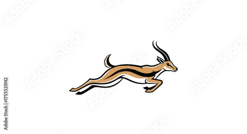 Illustration of a leaping gazelle with black stripes and curved horns on a white background