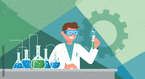 Scientist Working With Beakers, Flasks, and Test Tubes in a Lab With a Research Gear