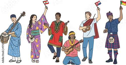 global rhythms cultures unite, celebrating diversity with music and flags