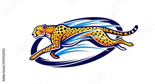 A cartoon cheetah running with blue speed lines and a dark blue oval shape in the background design
