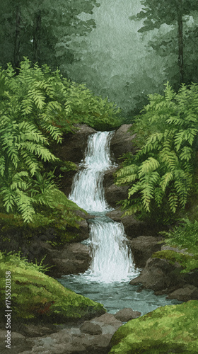 Explore the Serene Beauty of a Tranquil Waterfall Surrounded by Lush Greenery in a Misty Forest Landscape, Perfect for Nature Lovers and Outdoor Enthusiasts.