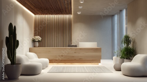 Modern doctor clinic reception with soft lighting, wooden counter, neutral beige design, and peaceful mood