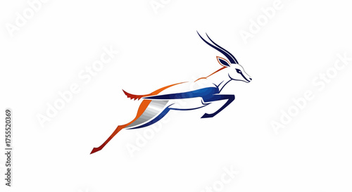 A stylized illustration of a leaping gazelle with orange white and blue coloring on a white background