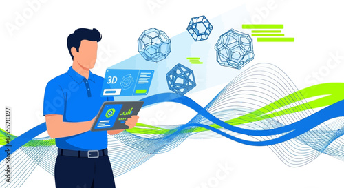 Tech Savvy Professional Analyzing 3D Data on Tablet with Futuristic Graphical Elements