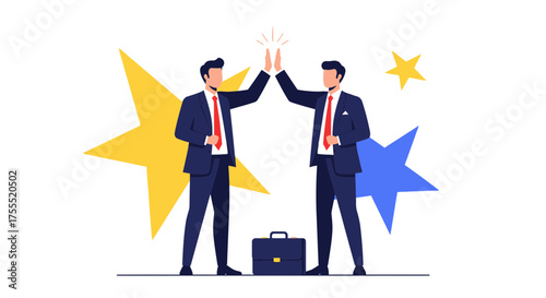 Two Businessmen Celebrate Success With High Five, Stars Depicting Achievement And Partnership