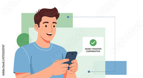 Smiling Man Checking Money Transfer Confirmation on Smartphone with Approval