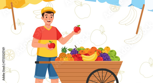 Vendor Stands With A Wide Variety Of Fresh Fruits, A Perfect Cartoon Illustration