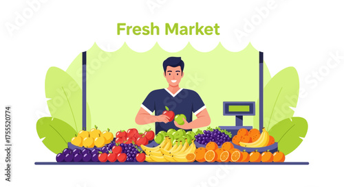 Vibrant Illustration Of A Fruit Vendor Presenting His Fresh Harvest For Sale