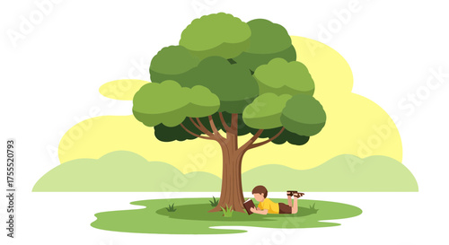 Solitary Reader Underneath A Lush Tree In A Park-Like Environment