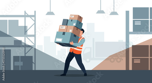 Warehouse Worker Balancing Packages Illustrating Shipping, Delivery, and Logistics Operations