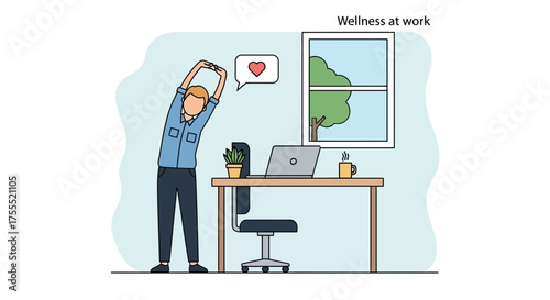 Employee engagement and wellbeing: Office worker doing stretching exercises at work