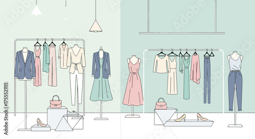 Elegant fashion boutique interior design showcasing stylish outfits and accessories illustration
