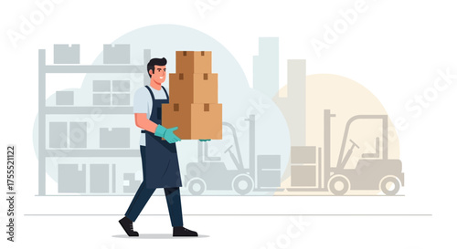 Warehouse Worker Delivering Boxes from Storage with Warehouse and Equipment Silhouettes Illustration