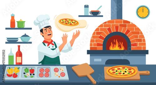 Enthusiastic pizza chef spinning dough in a vibrant pizzeria scene with brick oven and ingredients