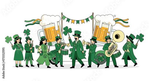 Festive St. Patrick's Day Parade with Musicians and Beer Mugs Illustration