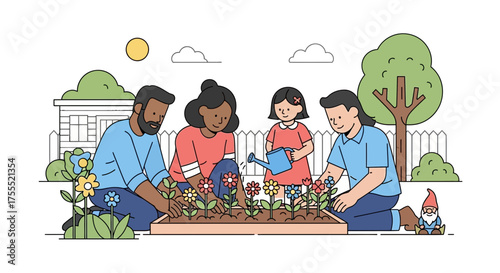 Happy family gardening together, fostering growth and togetherness in their garden bed surrounded