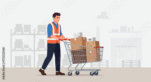 Warehouse Worker Transporting Boxes in Cart with Warehouse Background in Vector Illustration