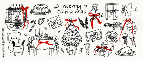 Set of whimsical Christmas doodles tree, fireplace, dinner table, gift boxes line art. Whimsy sketch xmas hand drawn. Coquette vector outline illustration