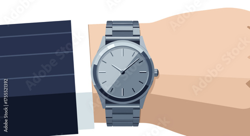 Illustration of a businessman wearing a classic wristwatch with a metal band style on hand
