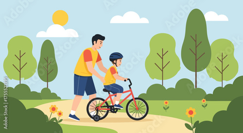 Illustration depicting a father teaching his son to ride a bike in a park setting with trees and