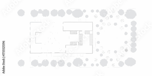 Architectural top down view of a modern house plan with surrounding trees and garden elements