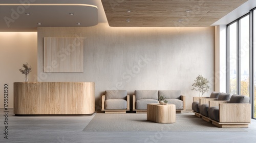 Spacious doctor waiting room interior, modern furniture, wooden reception counter, and calming beige tones