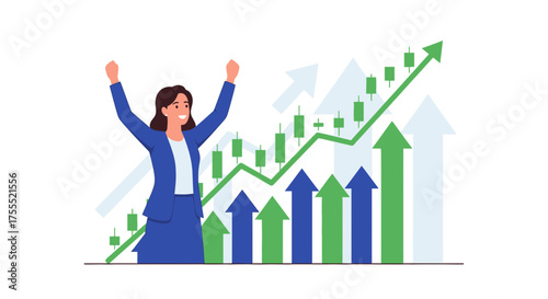 Successful Investor Celebrating Financial Growth with Rising Stock Market Trends Illustration
