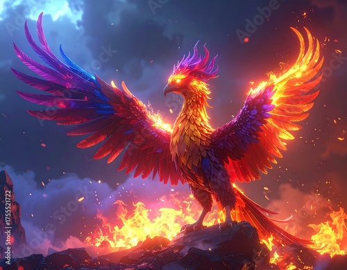 Fiery bird with rainbow wings stands on rocks amidst flames, against a stormy, cloudy sky