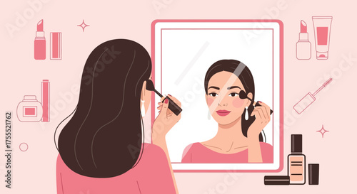Woman Applying Makeup While Looking In The Mirror With Various Cosmetic Products Present