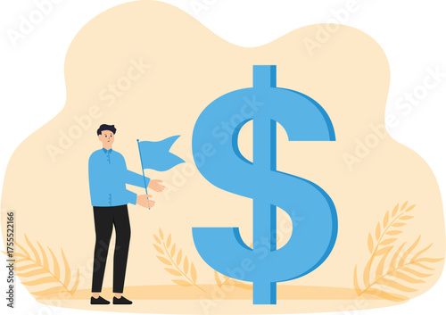 Achieve financial goal and success investment or make money target, win wealth and savings objective or accomplishment concept, businessman holding winner flag on top of dollar money target.
