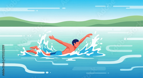 Vibrant Depiction Of A Swimmer In Turquoise Waters Enjoying The Sunshine With Landscape