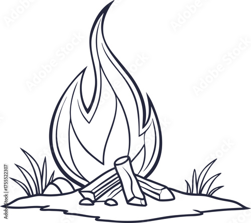 Minimal campfire line art illustration with flame and wood logs, neat and clean black outline fire drawing, simple bonfire tattoo design on white background for vector and print use